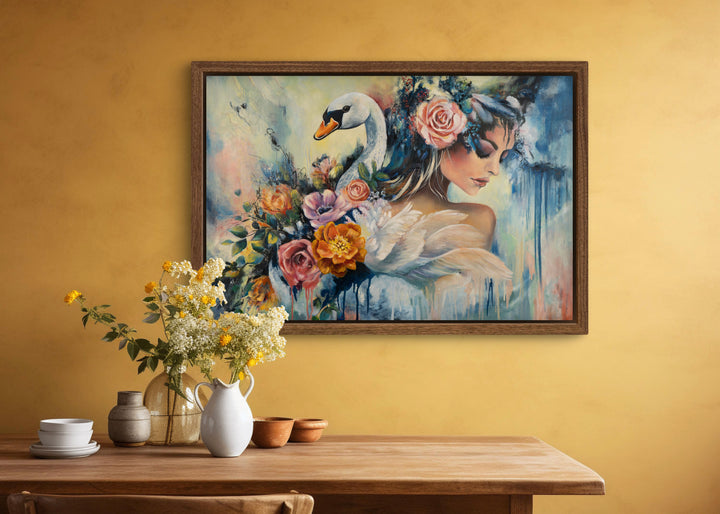 Expressive portrait wall art 'Swan Song' by Tash Bardot displayed in a calming room interior. A dynamic, elegant painting offering visual relief and a private sanctuary of quiet strength.