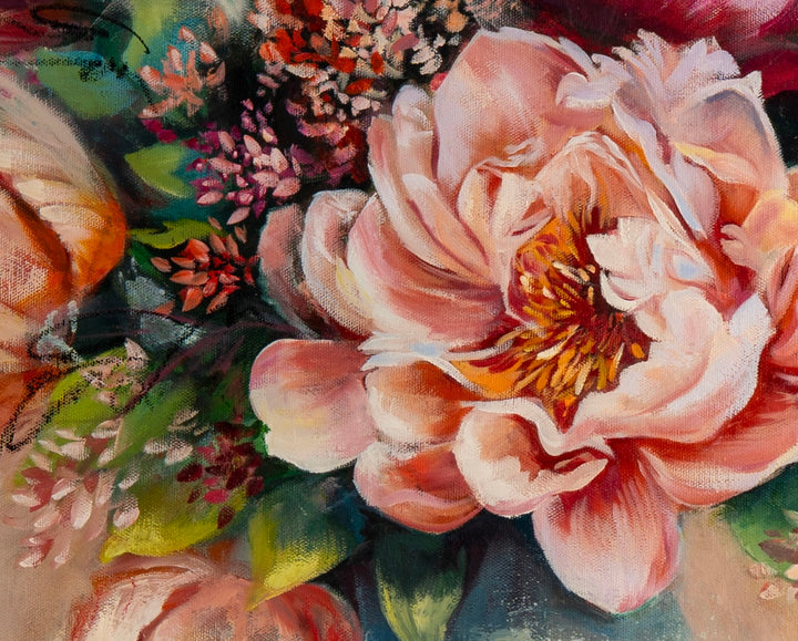 Close-up of an original botanical painting showing thick impasto paint layers on pink peony petals, raw background scribbles, and distinct orange drips cascading down the canvas.