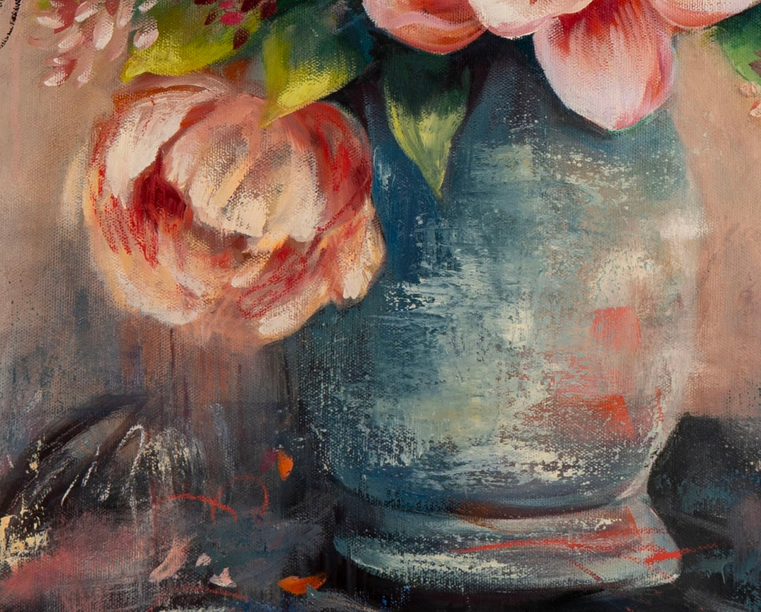 Close-up of an original botanical painting showing thick impasto paint layers on pink peony petals and raw background scribbles. 