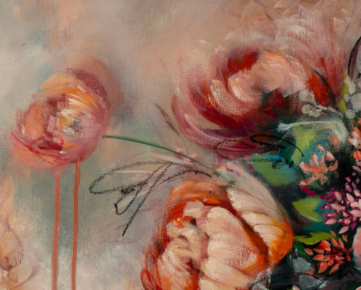 Close-up of an original botanical painting showing thick impasto paint layers on pink peony petals, raw background scribbles, and distinct orange drips cascading down the canvas.