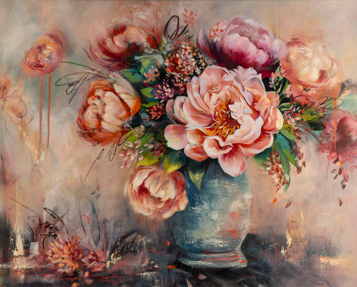 Original contemporary abstract floral painting of a large, bold bouquet of coral and magenta peonies in a rustic blue vase, featuring expressive charcoal scribbles and orange paint drips.