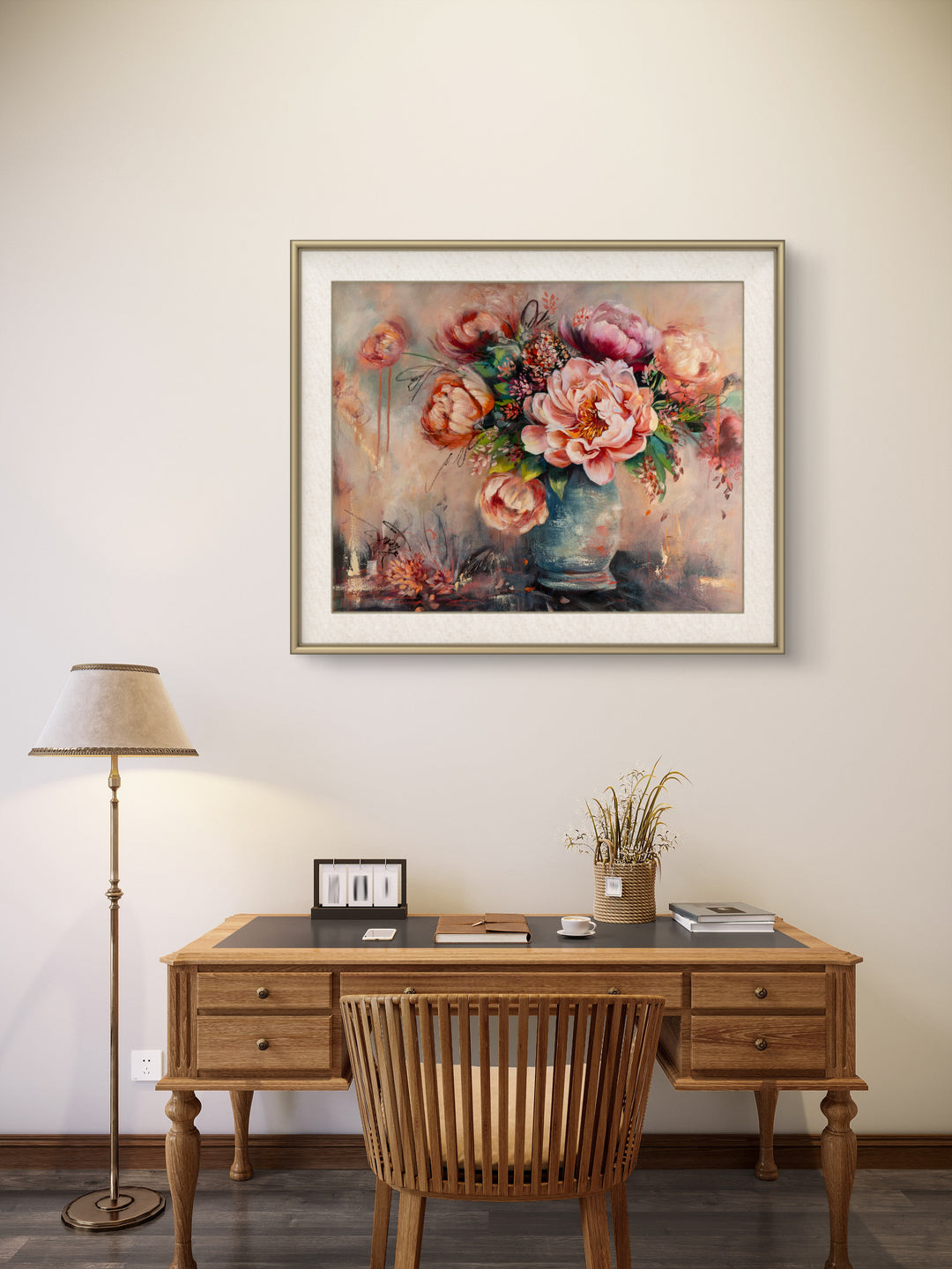 Original statement botanical art painting titled The Bold Peony hanging above a mantle in a sophisticated, modern sanctuary-style home.