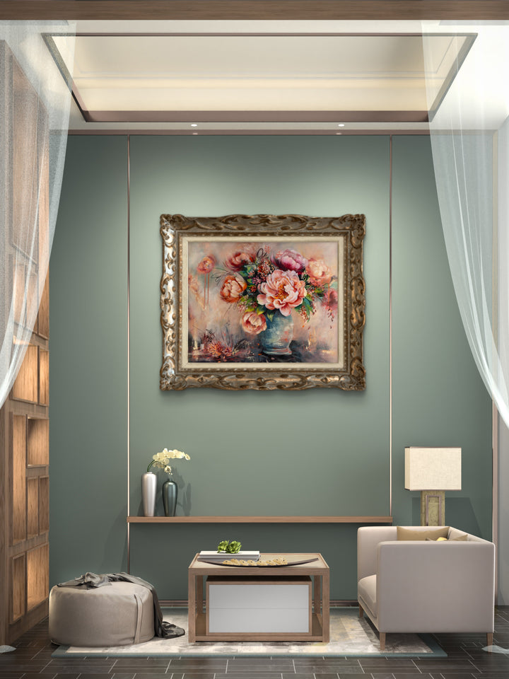 Original statement botanical art painting titled The Bold Peony hanging above a mantle in a sophisticated, modern sanctuary-style home.