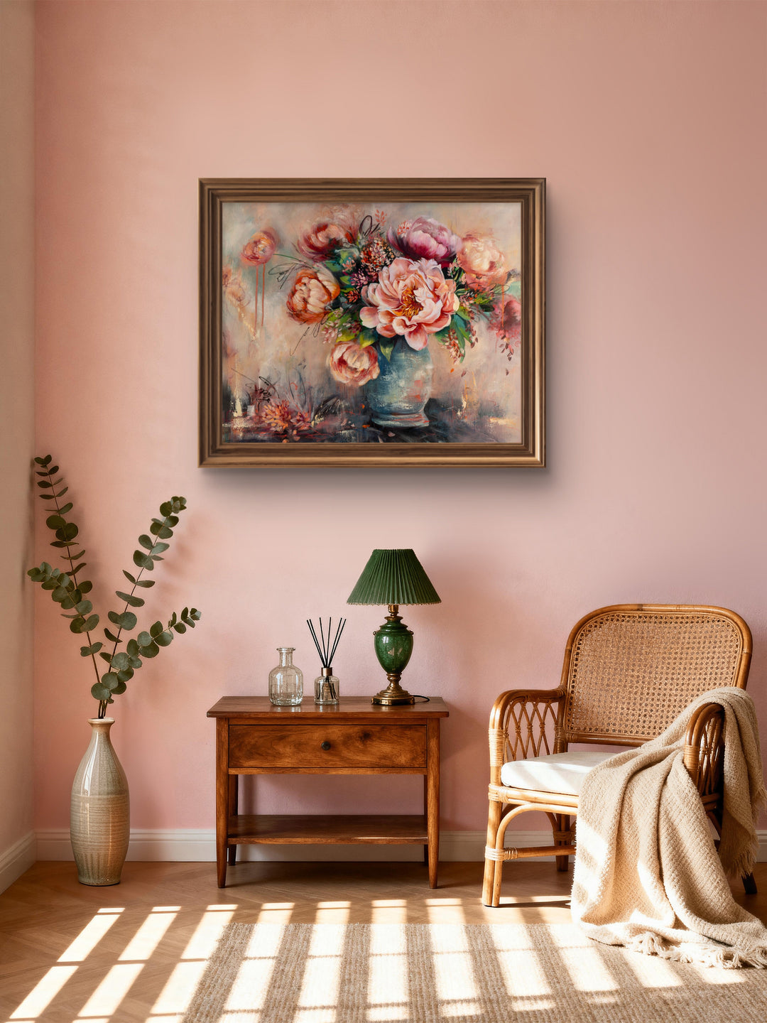 Original statement botanical art painting titled The Bold Peony hanging above a mantle in a sophisticated, modern sanctuary-style home.