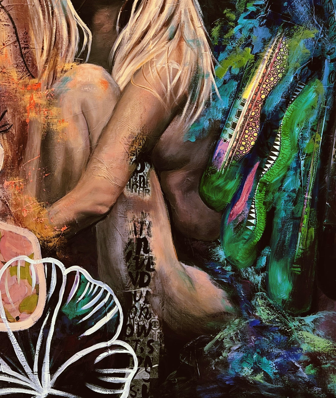 Detail shot of Tash Bardot's 'The Comfort Within,' focusing on the lush pink and yellow abstract florals and the dark, textured elements of the wild landscape.
