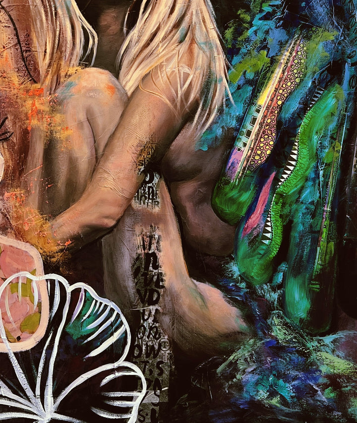 Detail shot of Tash Bardot's 'The Comfort Within,' focusing on the lush pink and yellow abstract florals and the dark, textured elements of the wild landscape.