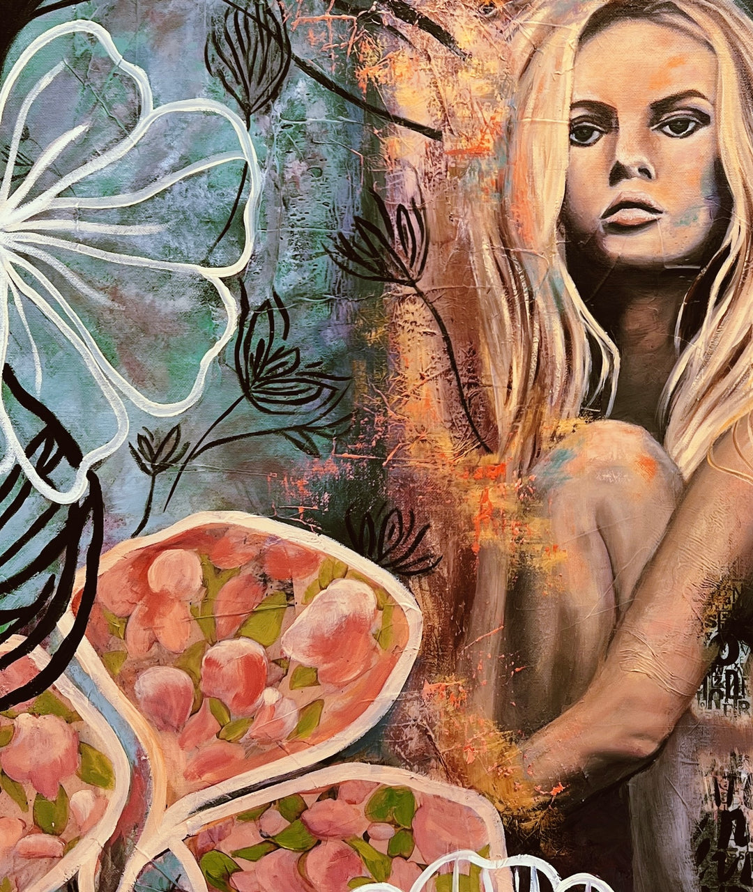 Close-up detail of 'The Comfort Within' by Tash Bardot, highlighting the woman's steady, unbothered expression amidst the colourful, chaotic background.