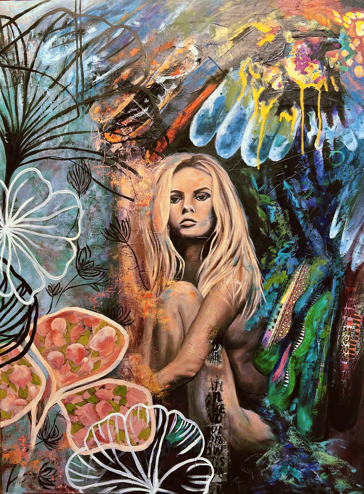 Tash Bardot's 'The Comfort Within' painting. A serene woman sitting calmly, surrounded by vibrant, abstract lotus-like botanicals, dark moody textures, and subtle wild animal elements.