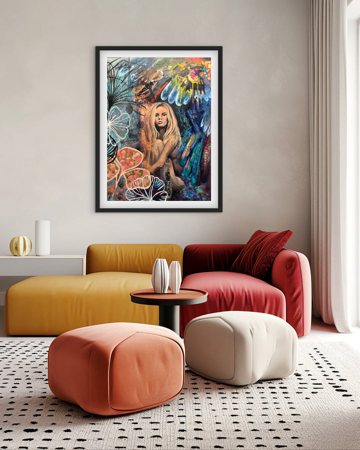Moody botanical portrait 'The Comfort Within' by Tash Bardot displayed in a contemporary living space. This fine art print acts as a visual anchor of peace amidst a sophisticated room.