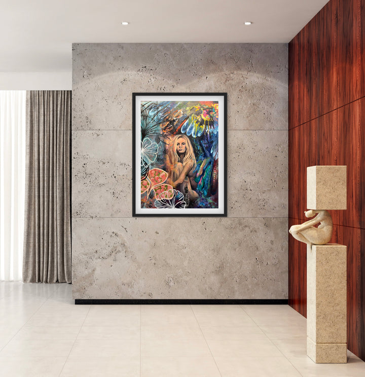 Moody botanical portrait 'The Comfort Within' by Tash Bardot displayed in a contemporary living space. This fine art print acts as a visual anchor of peace amidst a sophisticated room.