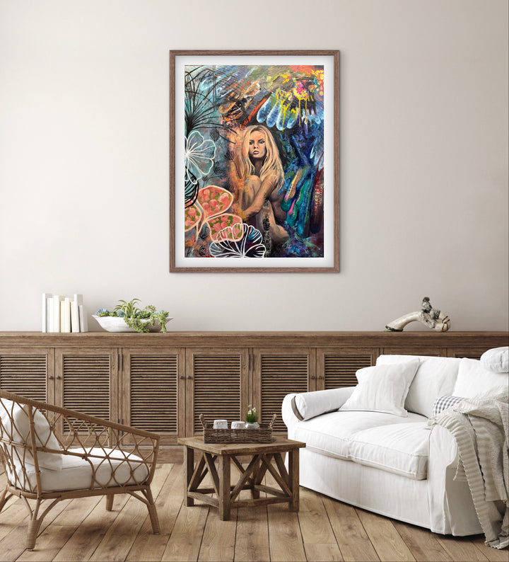 Moody botanical portrait 'The Comfort Within' by Tash Bardot displayed in a bright living room. This fine art print acts as a visual anchor of peace amidst a sophisticated room.