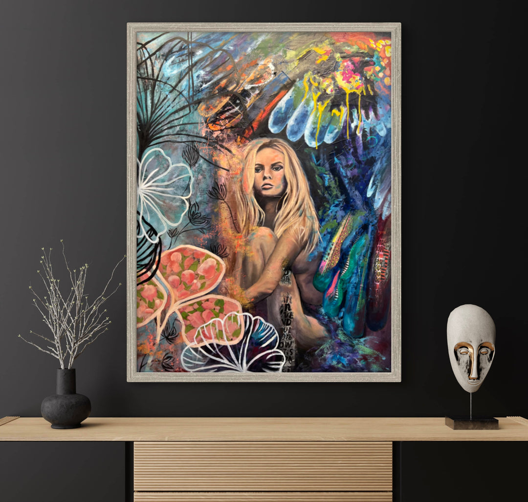 Moody botanical portrait 'The Comfort Within' by Tash Bardot displayed in an elegant, dark-toned home library. The expressive painting acts as a visual anchor of peace amidst a sophisticated room.
