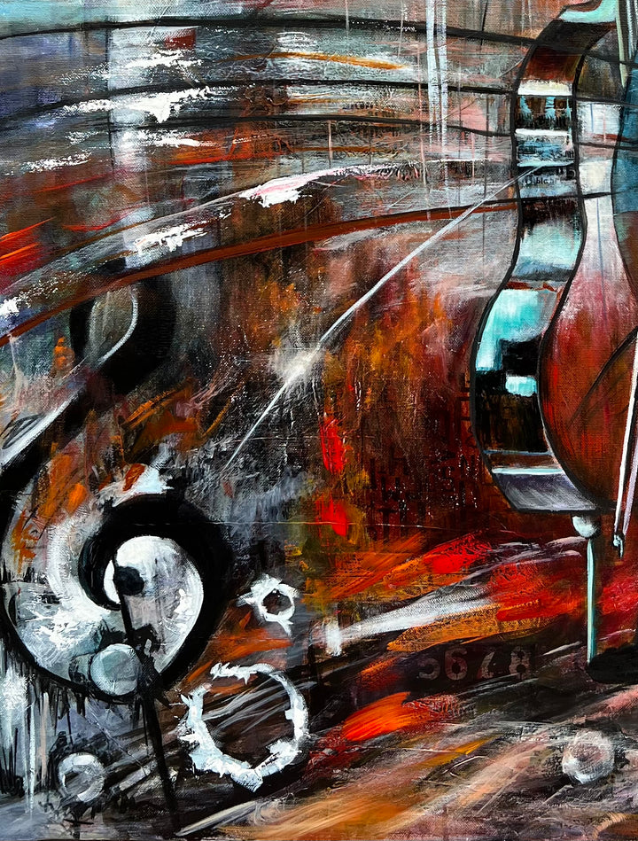 Detail shot of Tash Bardot's 'The Sound of Strength,' focusing on the chaotic, energetic brushstrokes and the large piano keys swirling above the figure.