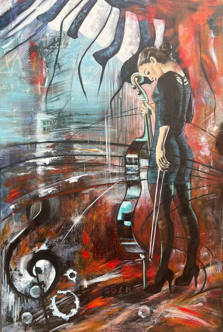 Tash Bardot's 'The Sound of Strength' painting. A calm woman in a dark dress standing and holding a cello, set against a dynamic background of fiery reds, cool blues, and swirling piano keys.