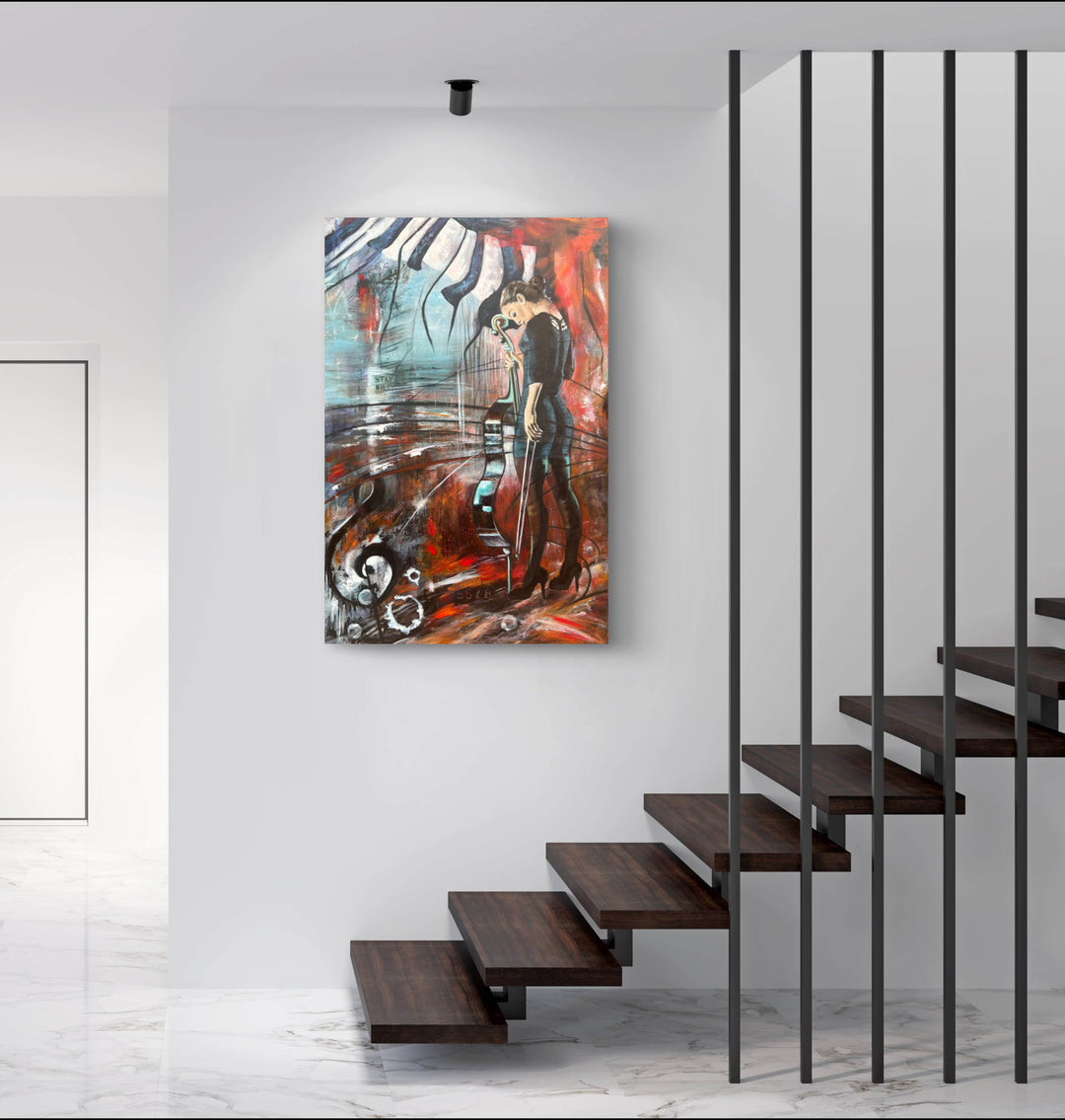 Commanding portrait 'The Sound of Strength' by Tash Bardot hung in a sophisticated, contemporary living space. The dynamic artwork serves as a powerful visual anchor for the room.
