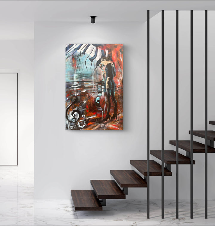 Commanding portrait 'The Sound of Strength' by Tash Bardot hung in a sophisticated, contemporary living space. The dynamic artwork serves as a powerful visual anchor for the room.