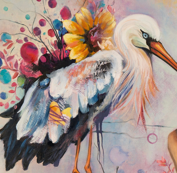 Close-up detail of 'The Stork and I' by Tash Bardot, focusing on the graceful white stork with its vibrant orange beak and striking blue eye, surrounded by expressive floral textures