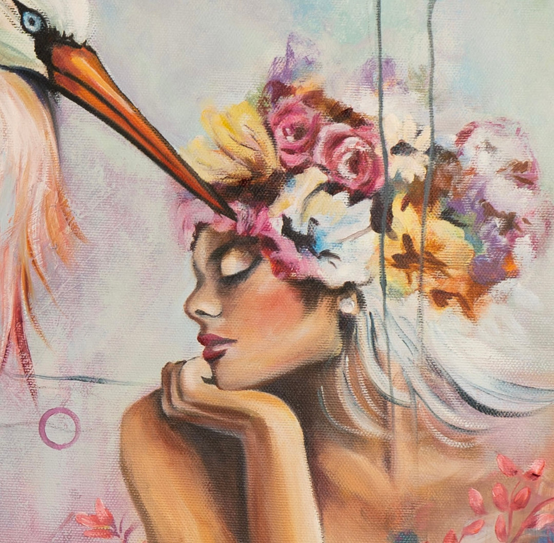 Close-up detail of 'The Stork and I' by Tash Bardot, highlighting the gentle, trusting connection between the stork's beak and the woman's floral crown, painted with soft, intuitive brushstrokes
