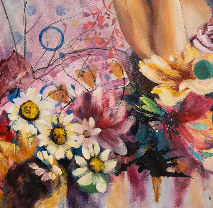 Detail shot of Tash Bardot's 'The Stork and I,' focusing on the dynamic burst of yellow sunflowers, white daisies, and playful abstract painted circles at the base of the composition.