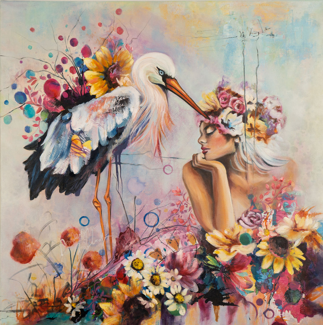 Tash Bardot's 'The Stork and I' painting. An expressive portrait of a serene woman sharing a tender moment with a stork, both surrounded by vibrant sunflowers, pink blooms, and fluid abstract patterns against a soft pastel background.