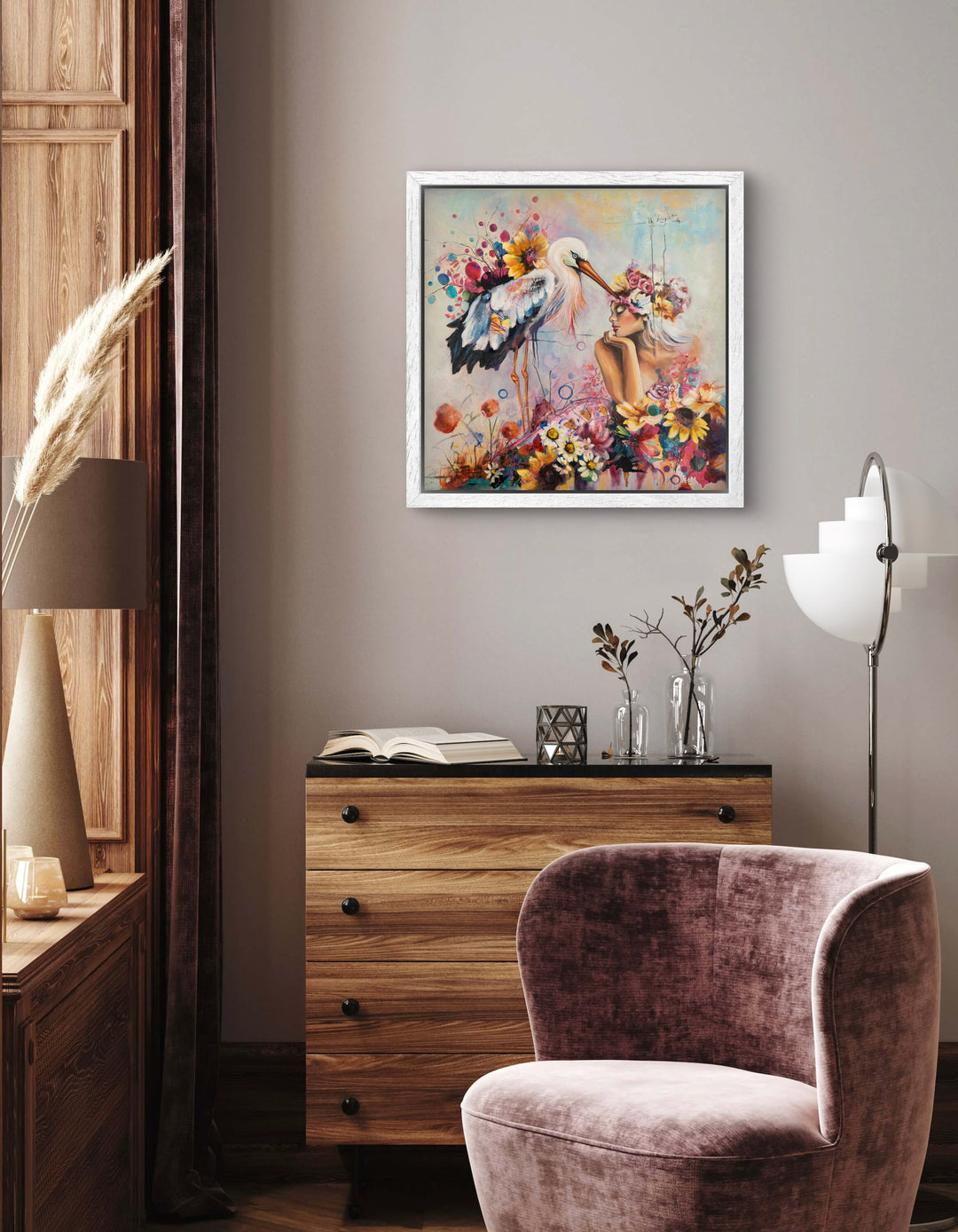 Expressive floral portrait wall art 'The Stork and I' by Tash Bardot displayed in a calming room interior. A vibrant, joyful painting offering visual relief and a private sanctuary for connection.