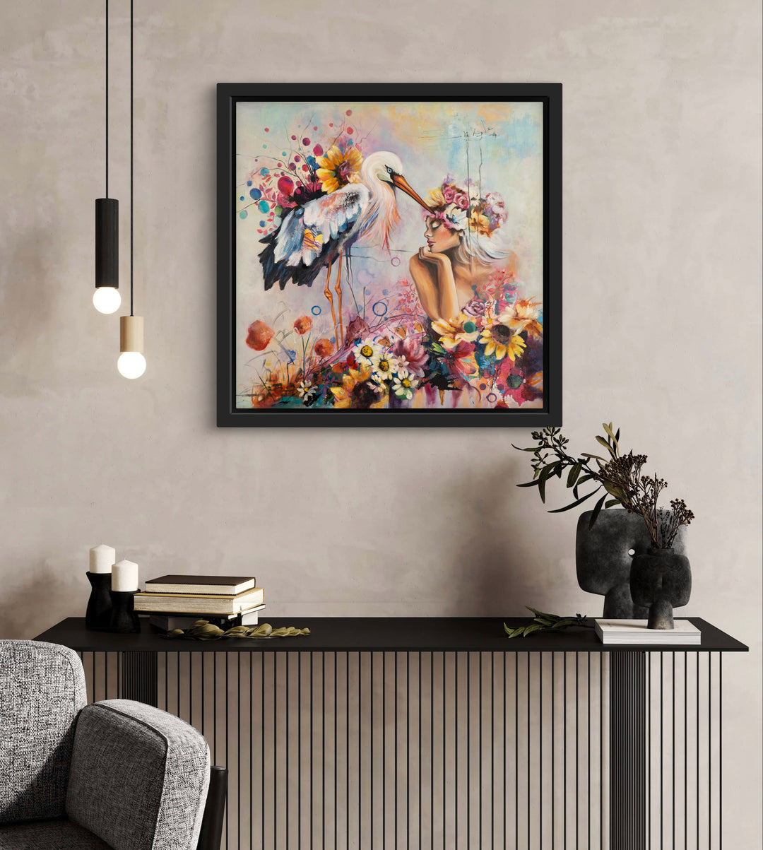 Expressive floral portrait wall art 'The Stork and I' by Tash Bardot displayed in a calming room interior. A vibrant, joyful painting offering visual relief and a private sanctuary for connection.