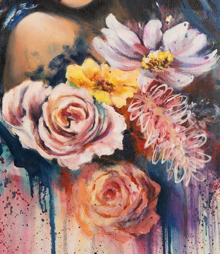Close-up detail of the florals in 'The Wise Crow' by Tash Bardot, featuring expressive peach and blush roses alongside soft purple blooms, painted with fluid, intuitive brushstrokes.