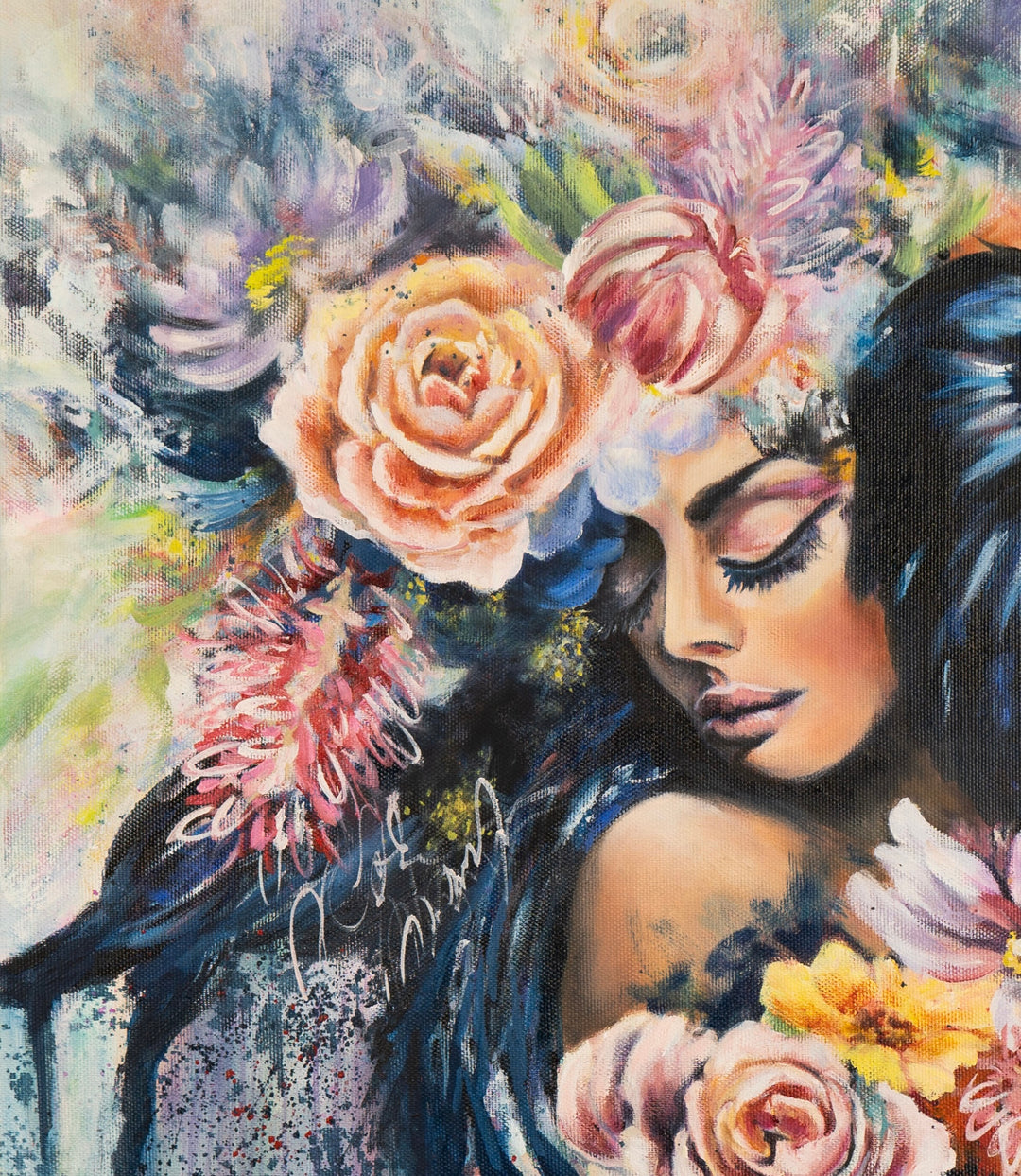 Close-up detail of the floral crown in 'The Wise Crow' by Tash Bardot, featuring expressive peach and blush roses alongside soft purple blooms, painted with fluid, intuitive brushstrokes.