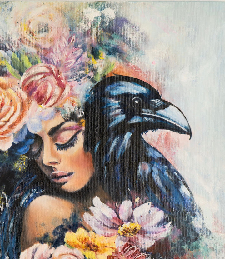 Close-up detail of 'The Wise Crow' by Tash Bardot, highlighting the sharp eyes of the crow, the intricate peach and pink roses, and intuitive, fluid brushstrokes against a light background