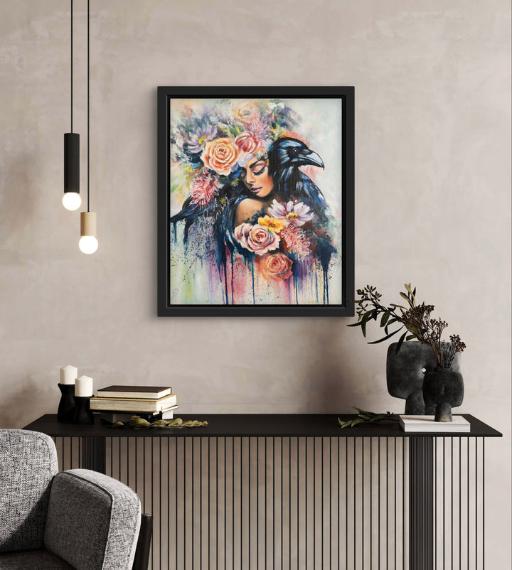 Expressive mixed-media wall art 'The Wise Crow' by Tash Bardot displayed in a modern, calming room interior. A powerful portrait offering visual relief and a private sanctuary for boundary setting.