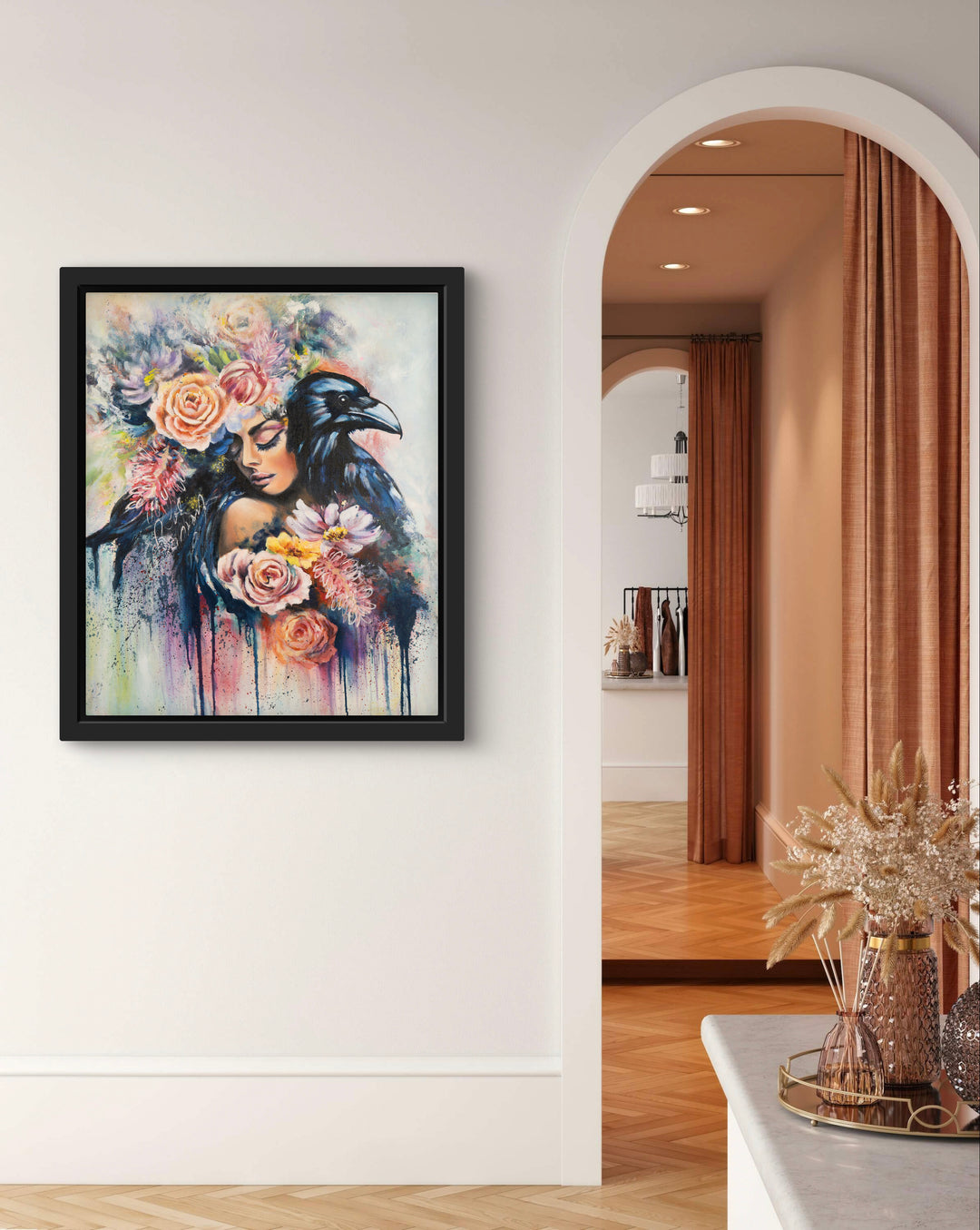 Expressive mixed-media wall art 'The Wise Crow' by Tash Bardot displayed in a modern, calming room interior. A powerful portrait offering visual relief and a private sanctuary for boundary setting.
