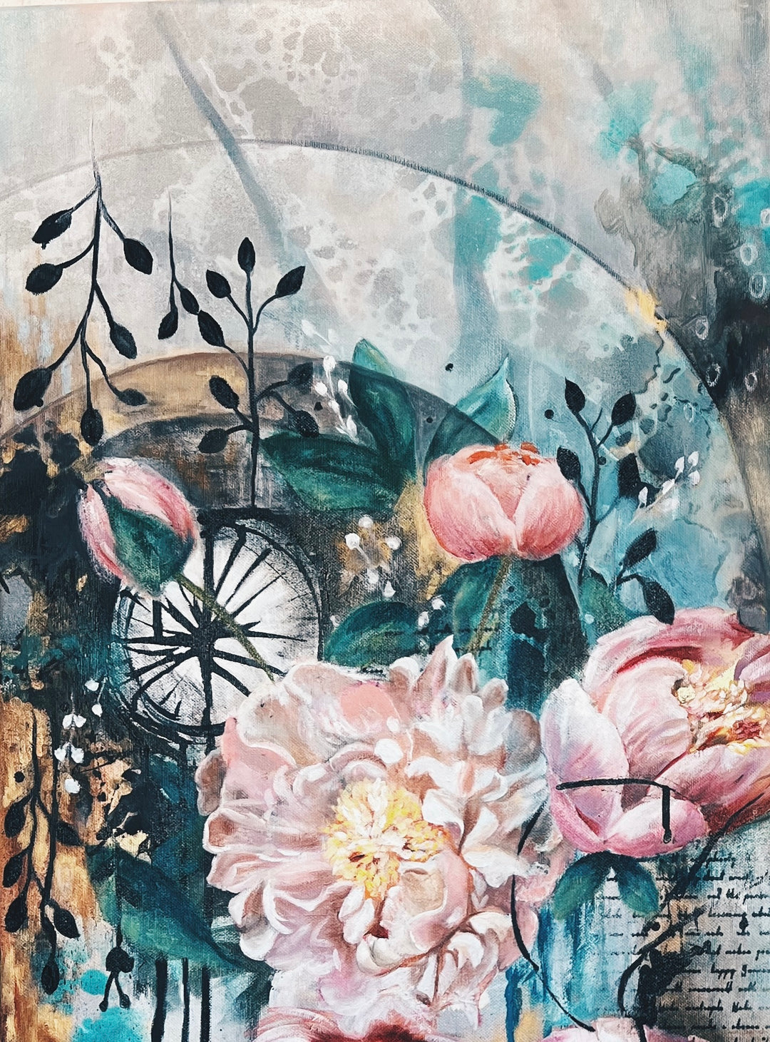 Close-up detail of 'Timeless Tides' by Tash Bardot, highlighting the contrast between the dreamy pink flowers and the deep, reflective teal washes of color.