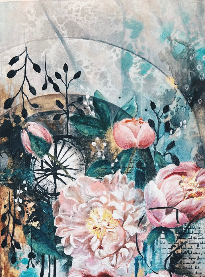 Close-up detail of 'Timeless Tides' by Tash Bardot, highlighting the contrast between the dreamy pink flowers and the deep, reflective teal washes of color.