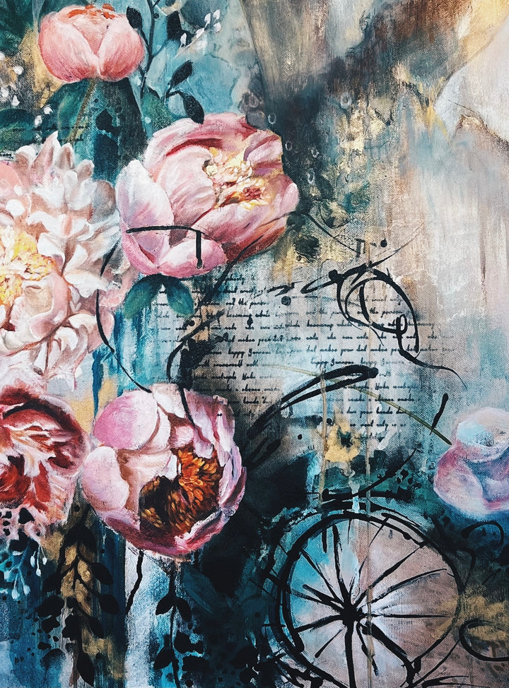 Detail shot of Tash Bardot's 'Timeless Tides,' focusing on the delicate black circular wheel motifs and the warm sepia and gold background.