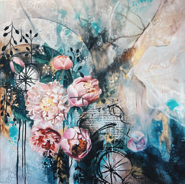 Tash Bardot's 'Timeless Tides' painting. A layered abstract composition featuring lush pink peonies, dreamy teal and gold fluid textures, and vintage-inspired wheel motifs.