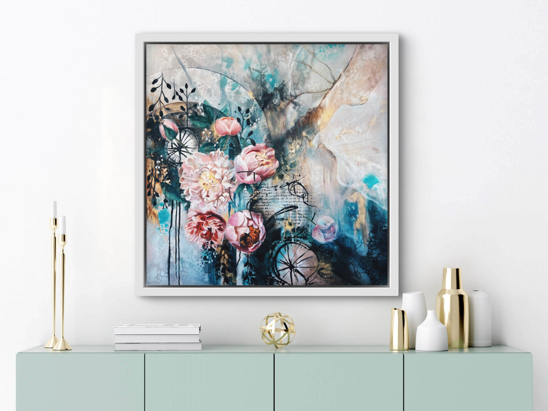 Elegant abstract painting 'Timeless Tides' by Tash Bardot displayed above an elegant sideboard. The teal and pink artwork acts as a tranquil visual anchor.