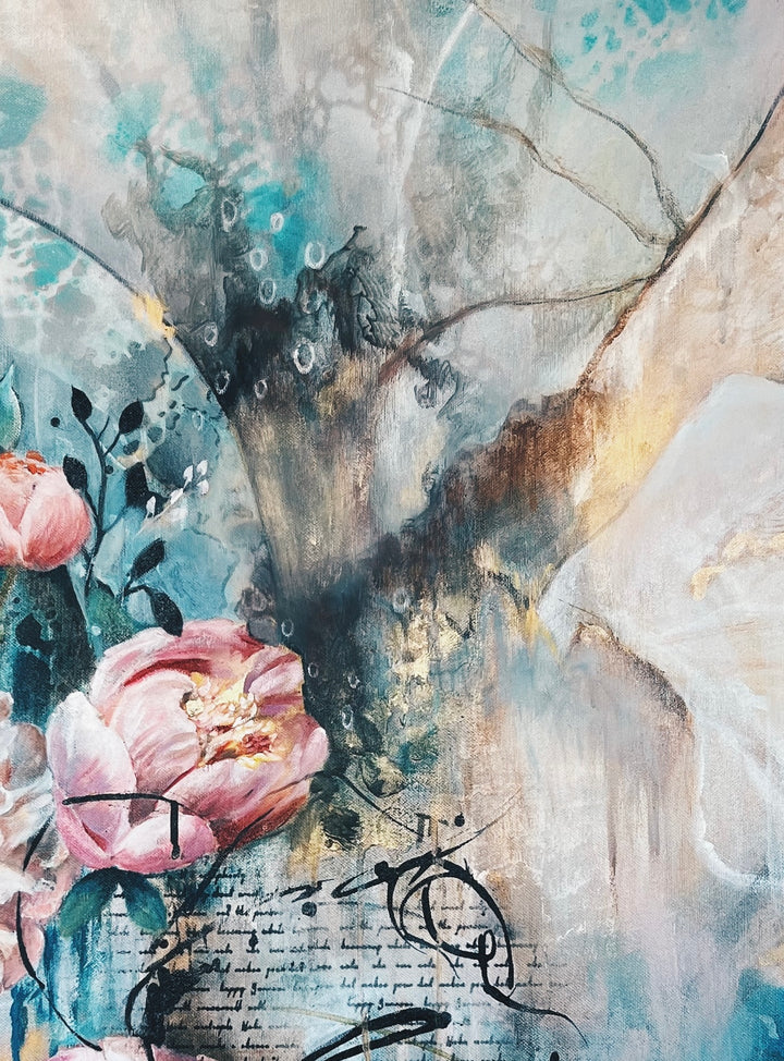 Detail shot of Tash Bardot's 'Timeless Tides,' focusing on the delicate black circular wheel motifs and the warm sepia and gold background.