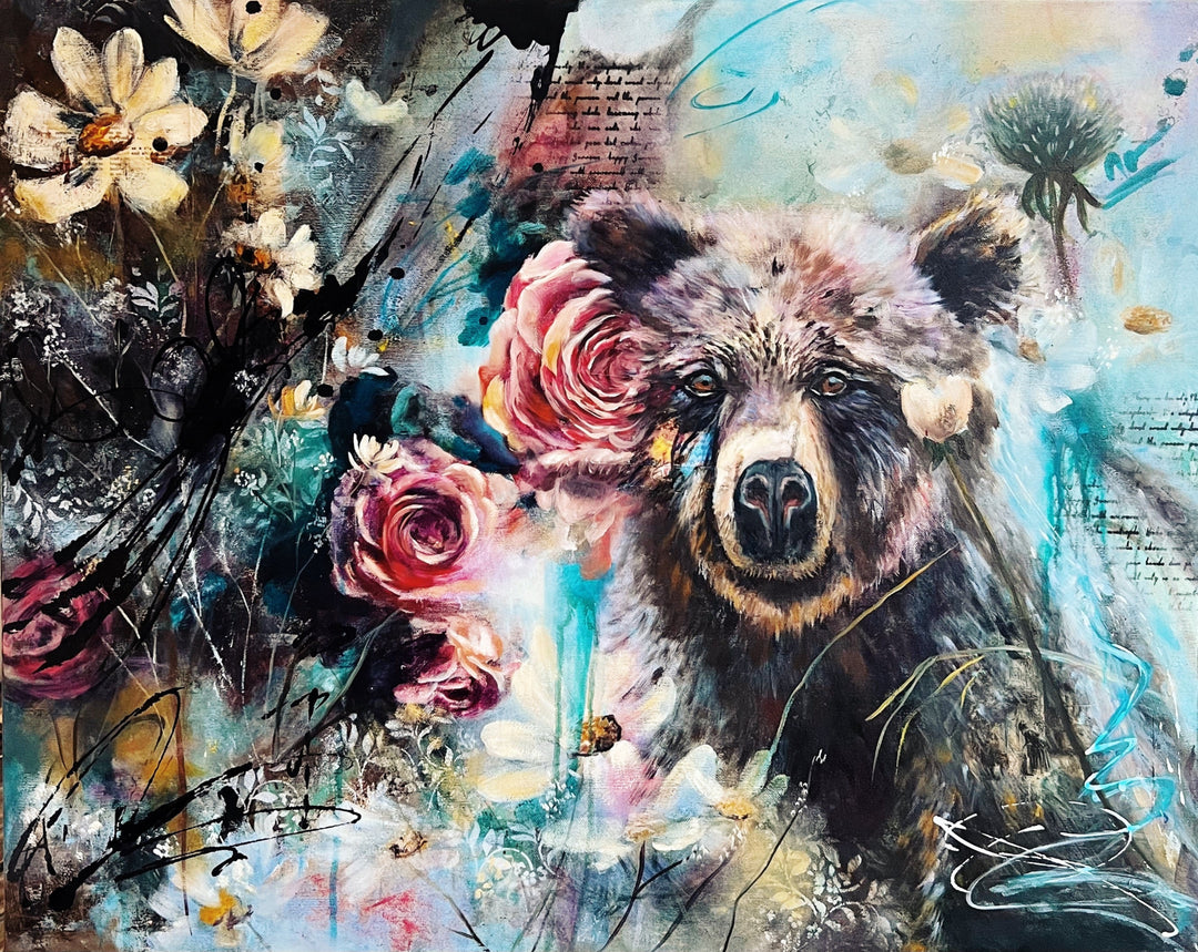 Tash Bardot's 'Wild Heart, Gentle Soul' painting. A soulful brown bear looking directly forward, beautifully framed by soft pink roses, white daisies, and intuitive and expressive mark making.