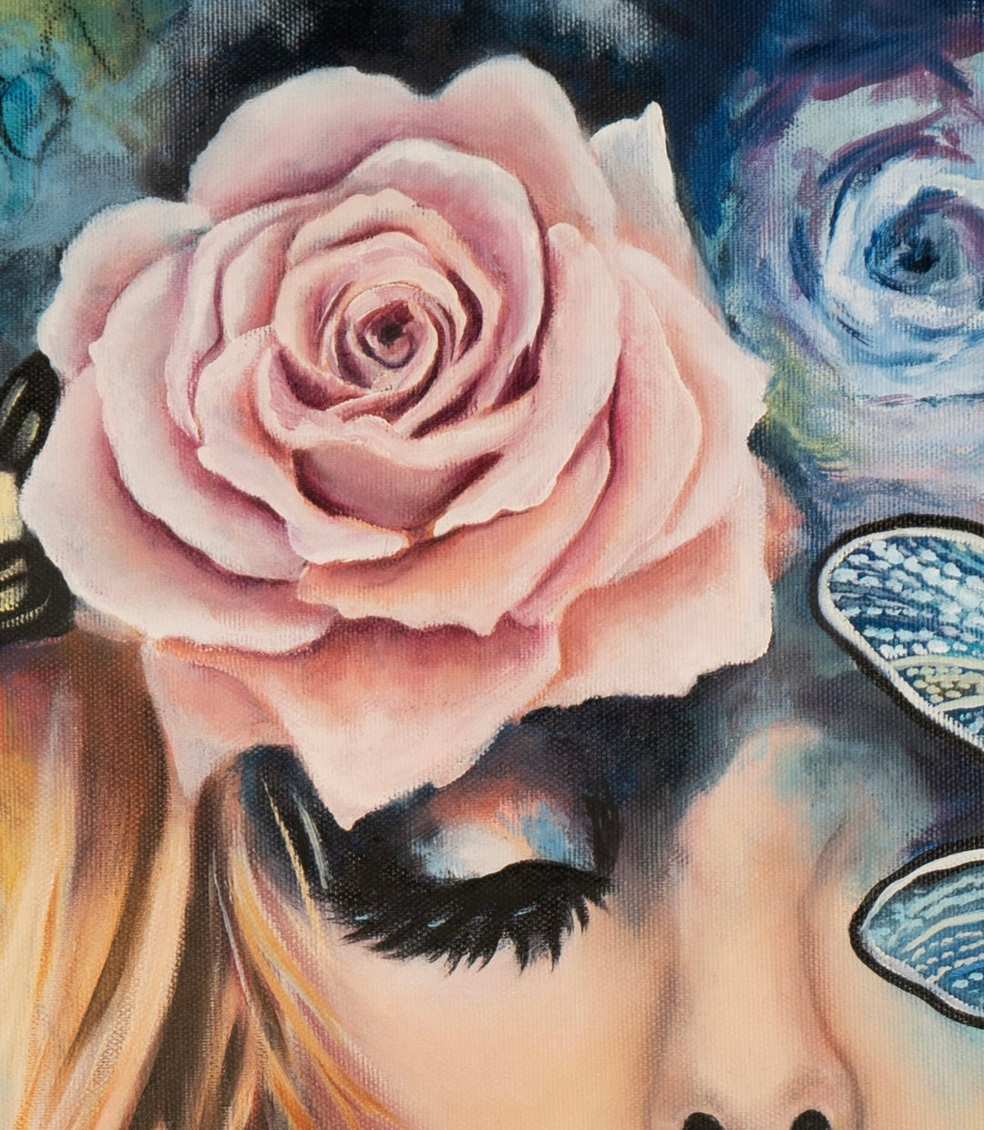 Detail shot of Tash Bardot's 'Wings of Clarity,' focusing on the serene closed eye and the beautifully painted pink rose, offering a quiet moment of visual relief and grounded calm.