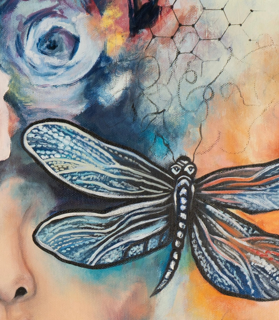 Close-up detail of 'Wings of Clarity' by Tash Bardot, focusing on the intricately painted blue dragonfly with detailed wing patterns, set against an expressive, textured background.