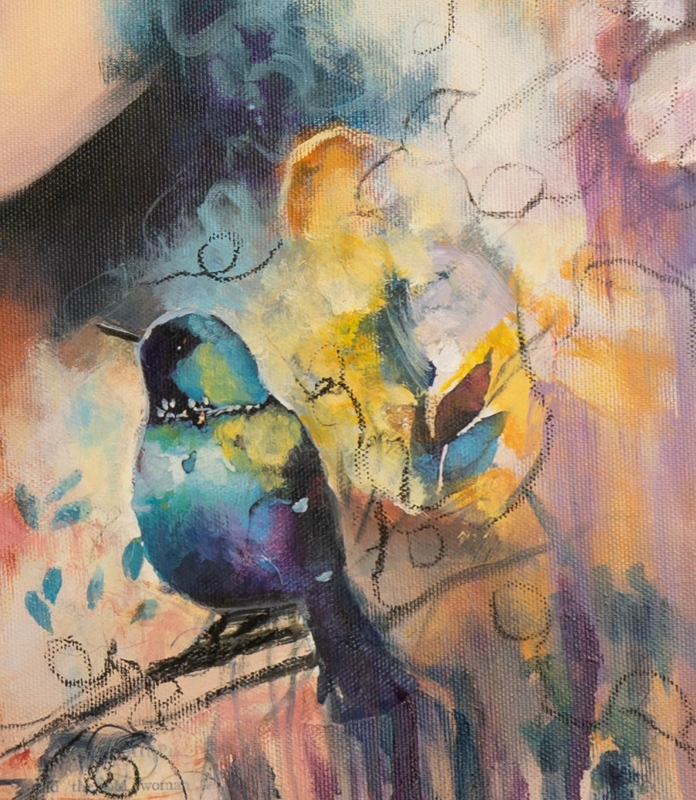 Close-up of the painting 'Wings of Clarity' by Tash Bardot, featuring a vividly painted teal, green, and blue bird set against a textured background with dark paint drips and subtle text.