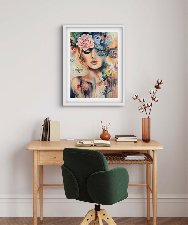 Expressive mixed-media wall art 'Wings of Clarity' by Tash Bardot displayed in an elegant room interior. A calming, dynamic fine art print offering visual relief and a private sanctuary for focus.