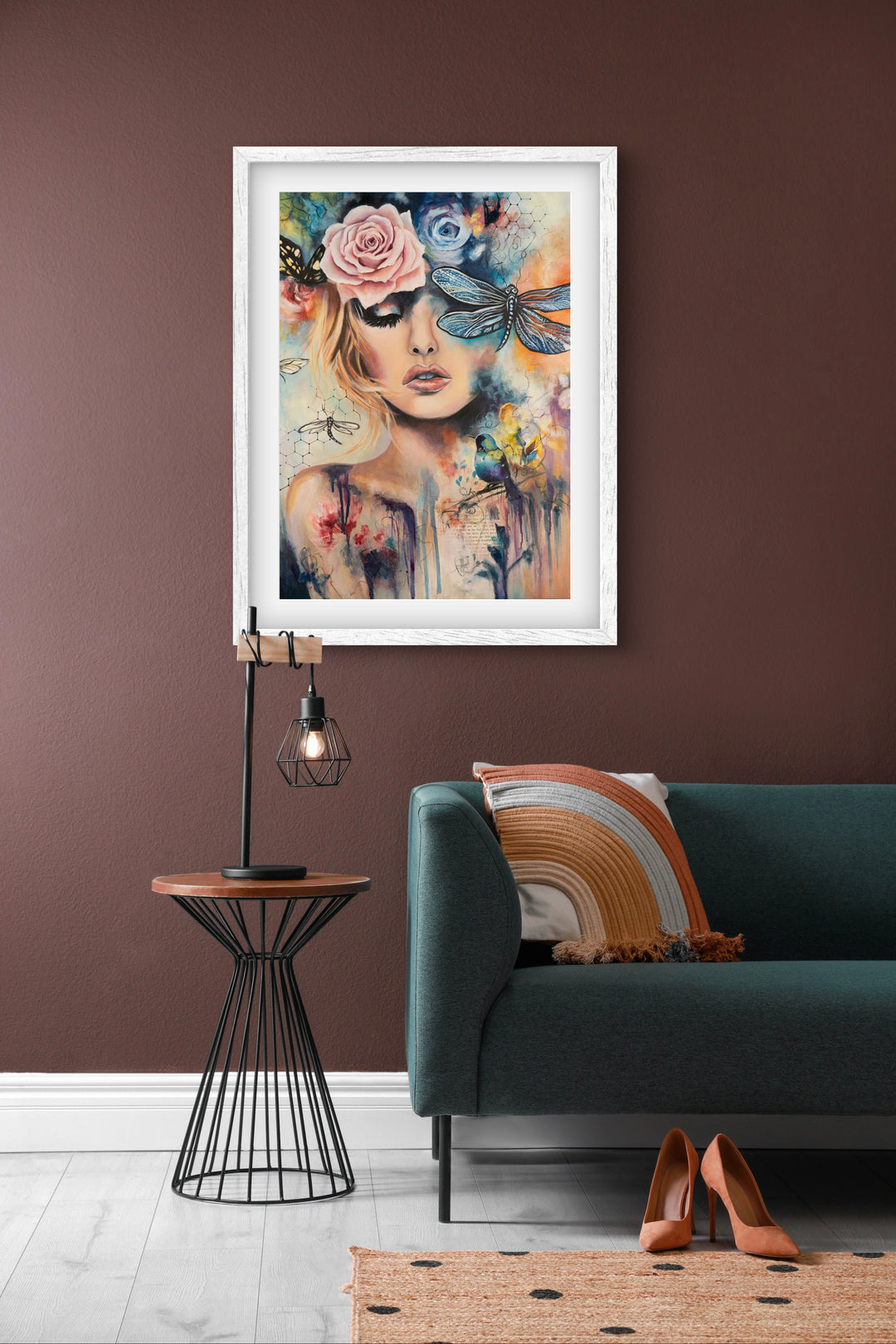 Expressive mixed-media wall art 'Wings of Clarity' by Tash Bardot displayed in an elegant room interior. A calming, dynamic fine art print offering visual relief and a private sanctuary for focus.