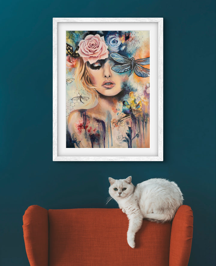 Expressive mixed-media wall art 'Wings of Clarity' by Tash Bardot displayed in an elegant room interior. A calming, dynamic fine art print offering visual relief and a private sanctuary for focus.