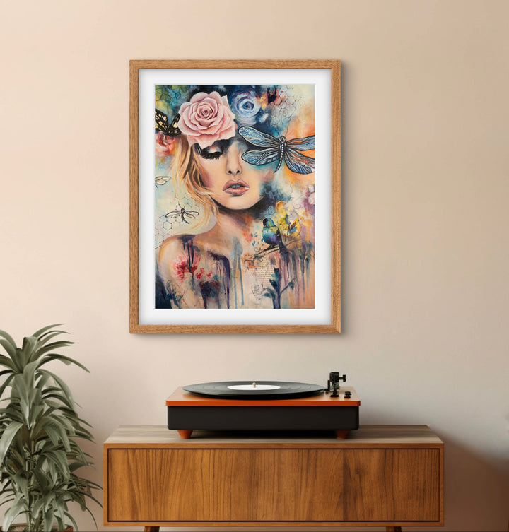 Expressive mixed-media wall art 'Wings of Clarity' by Tash Bardot displayed in a contemporary interior. A calming, dynamic fine art print offering visual relief and a private sanctuary for focus.