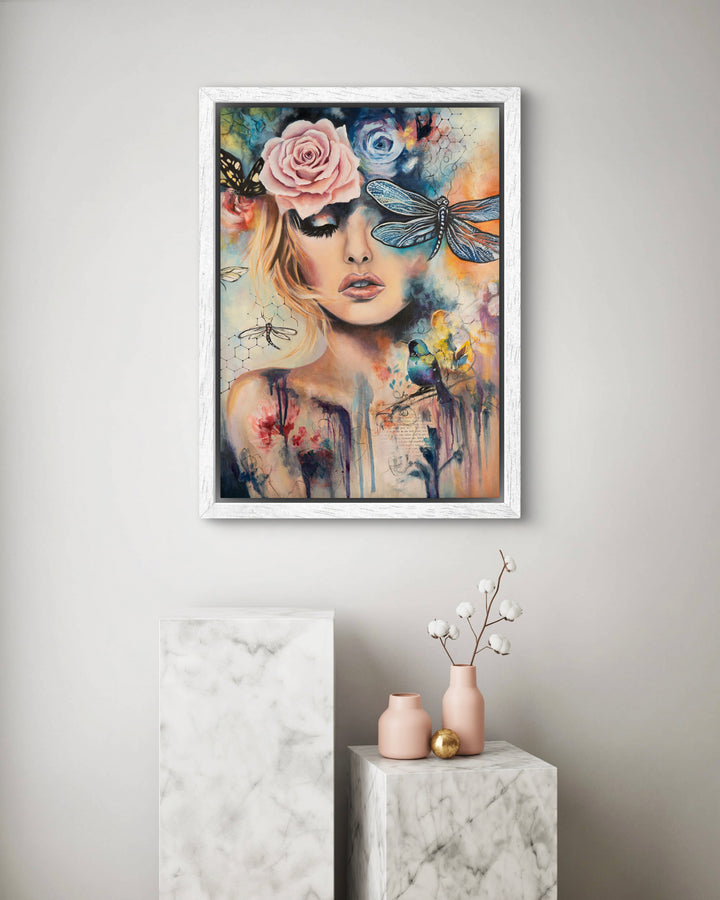 Expressive mixed-media wall art 'Wings of Clarity' by Tash Bardot displayed in an elegant room interior. A calming, dynamic portrait offering visual relief and a private sanctuary for focus.