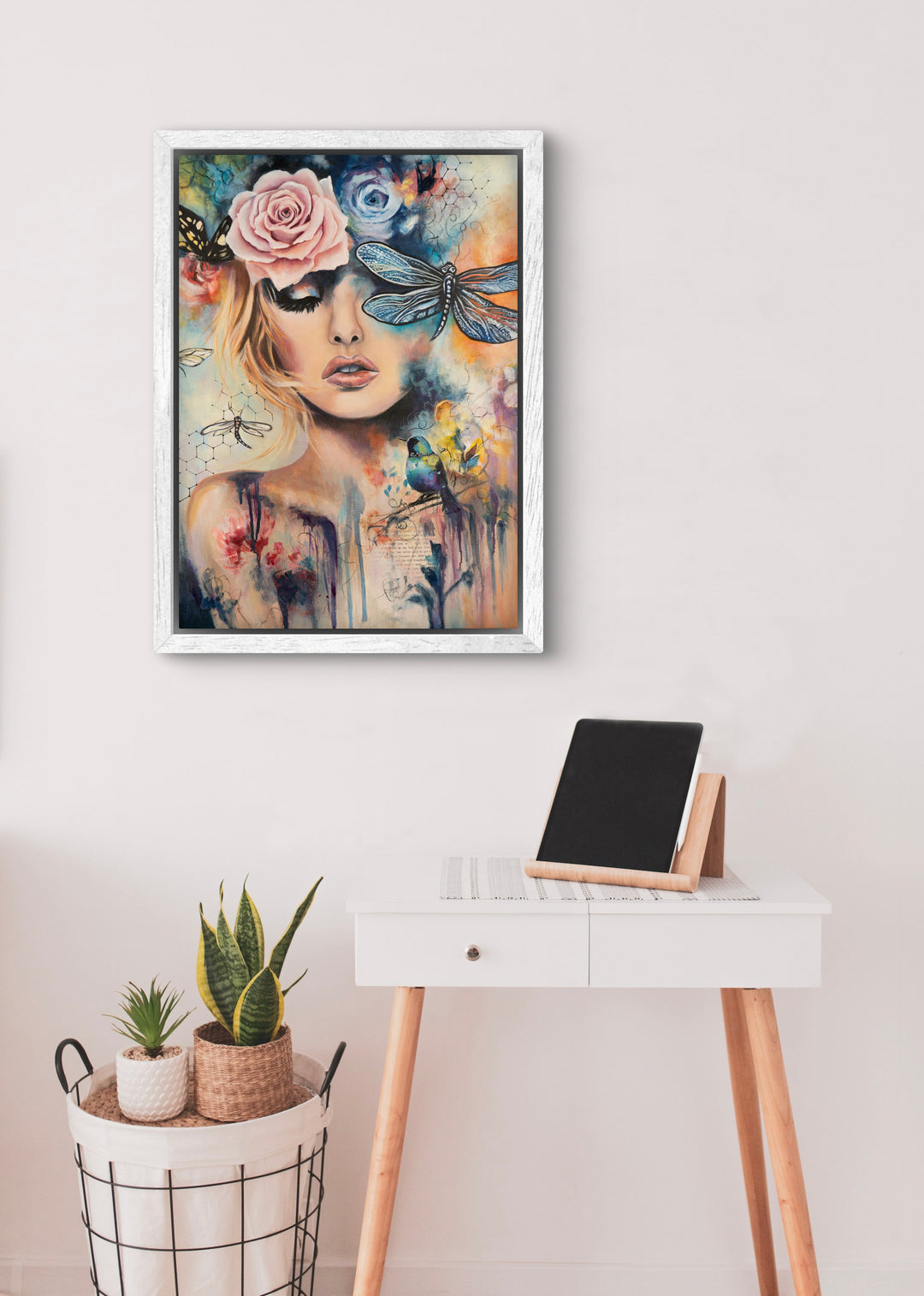 Expressive mixed-media wall art 'Wings of Clarity' by Tash Bardot displayed in an elegant room interior. A calming, dynamic portrait offering visual relief and a private sanctuary for focus.