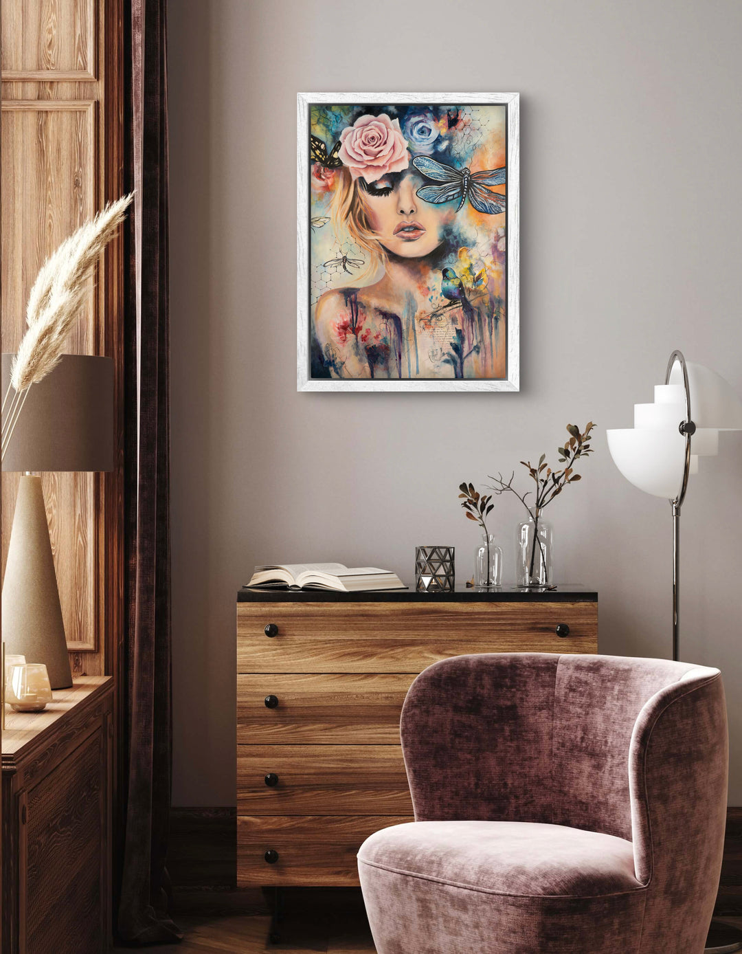 Expressive mixed-media wall art 'Wings of Clarity' by Tash Bardot displayed in an elegant room interior. A calming, dynamic portrait offering visual relief and a private sanctuary for focus.
